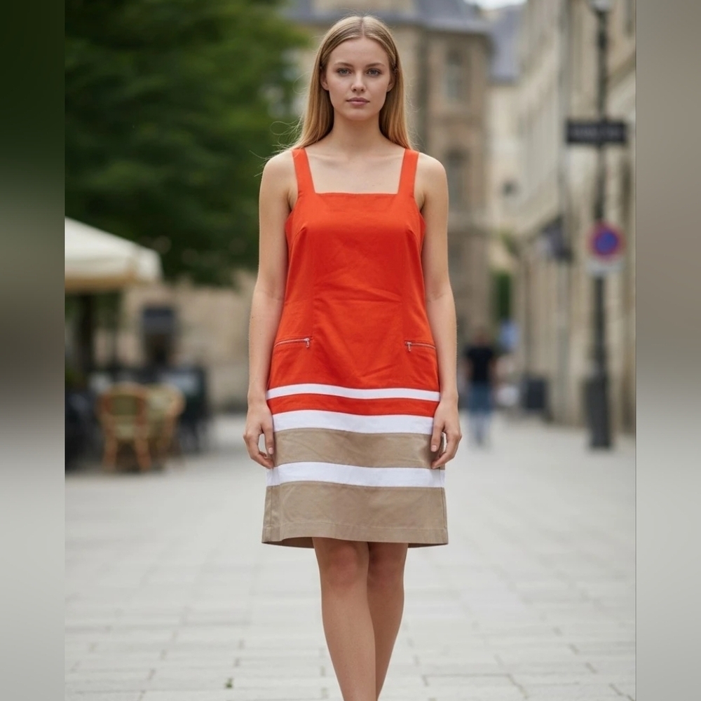 Ralph Lauren Women Orange Tan White Sleeveless Stripe ColorBlock Dress Size 10